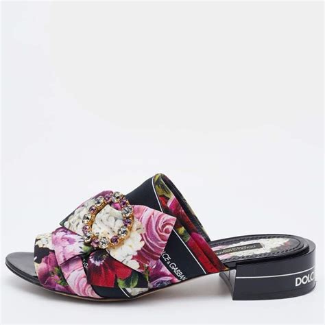 Dolce And Gabbana Multicolor Floral Print Fabric Embellished Slide