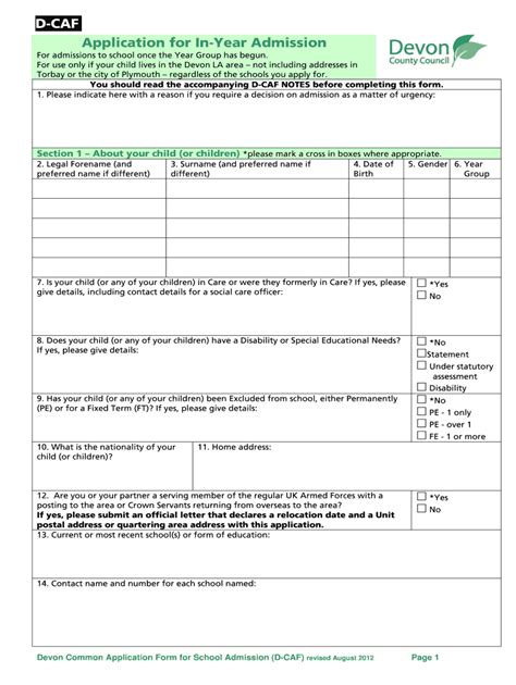 Fillable Online Devon Gov D CAF Application For In Year Admission