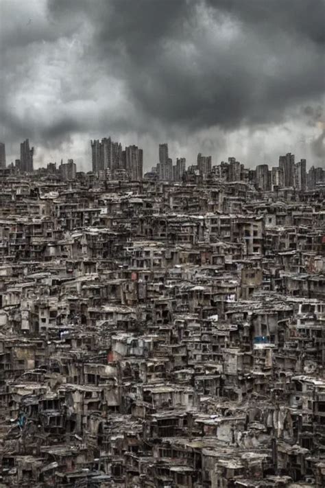 Cinematic Frame Of Weathered High Rise Slums Made Of Stable Diffusion