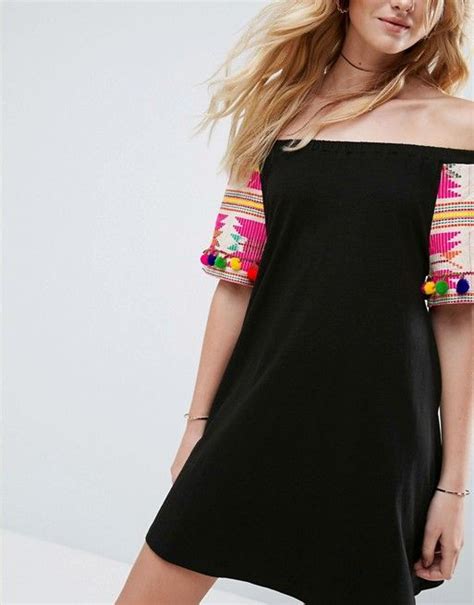 Asos Off Shoulder Sundress With Embroidery Sleeves Pom Poms Asos