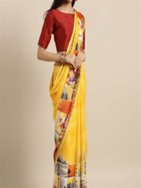 Buy Saree Swarg Yellow Printed Poly Georgette Saree Sarees For Women