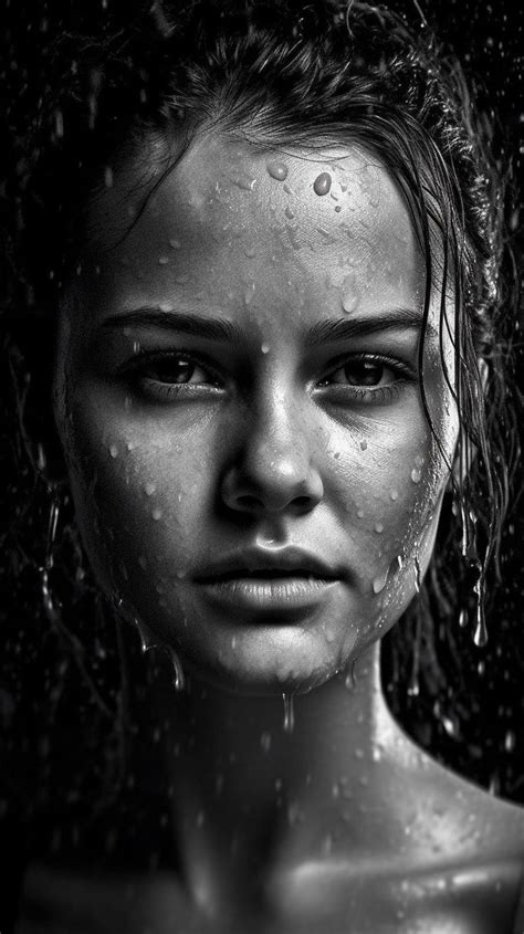 A Woman Is Standing In The Rain With Her Face Covered By Water Droplets