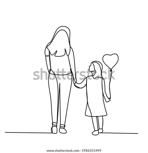 Mom Daughter Walking Together Holding Balloons Stock Vector Royalty