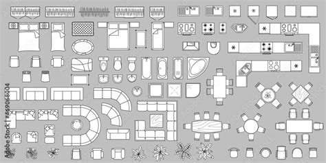 Furniture Outline Top View Set Of Isolated Linear Icons For Interior