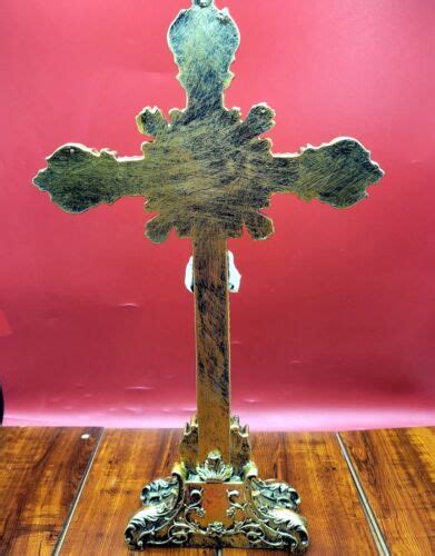 INRI Crucifix Table Stand Altar Piece Antique Finish Gold Accents 16 In