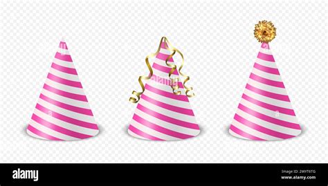 Vector 3d Realistic Striped Pink And White Birthday Party Hat Icon Set