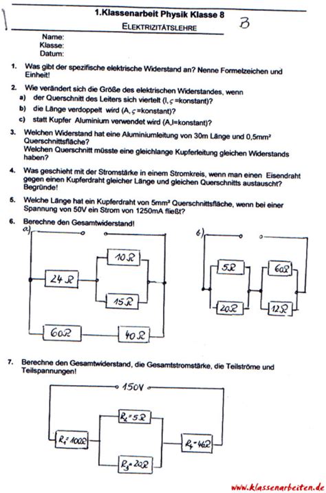 Klassenarbeit zu Elektrizitätslehre 8 Klasse