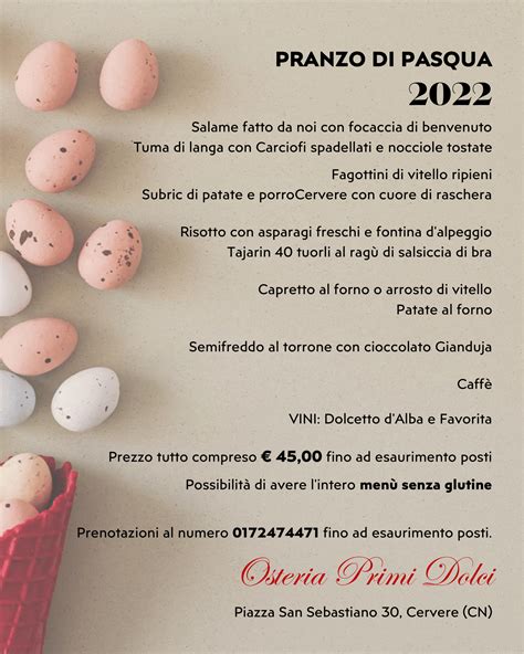 Osteria primi dolci Menù di Pasqua 2022