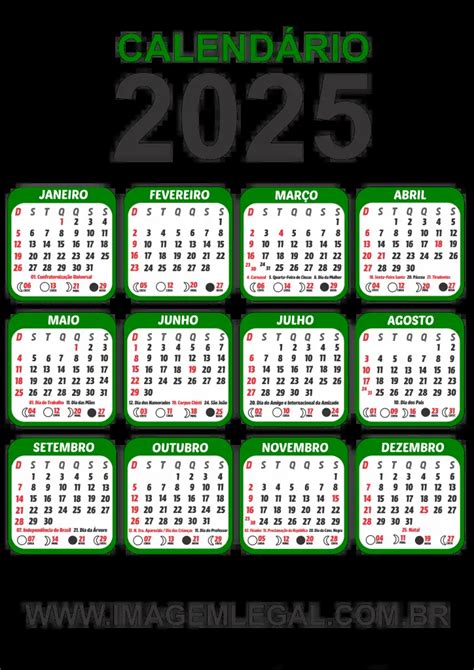 Calendário 2025 Feriados para Imprimir Grátis em PNG Imagem Legal