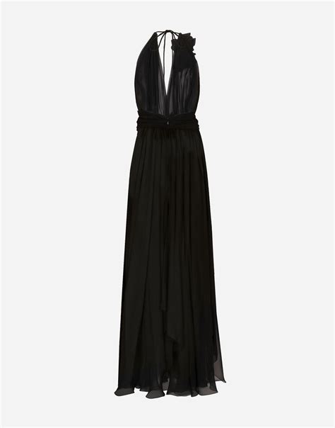 Long Silk Chiffon Dress With Floral Appliqué In Black For Women Dolceandgabbana®