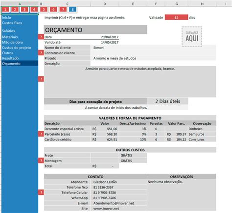 Planilha C Lculo De Or Amento De Servi Os Inovar Net