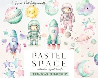 Cute Pink Watercolor Space Clipart Bundle Pastel Girl Astronaut