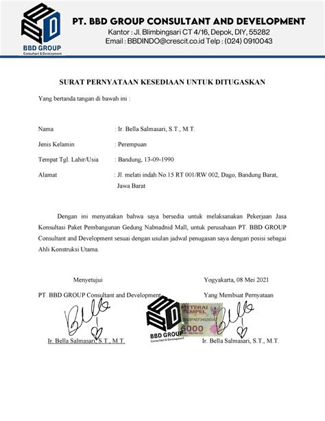 Surat Kesediaan Owner 3 Surat Pernyataan Kesediaan Untuk Ditugaskan Yang Bertanda Tangan Di