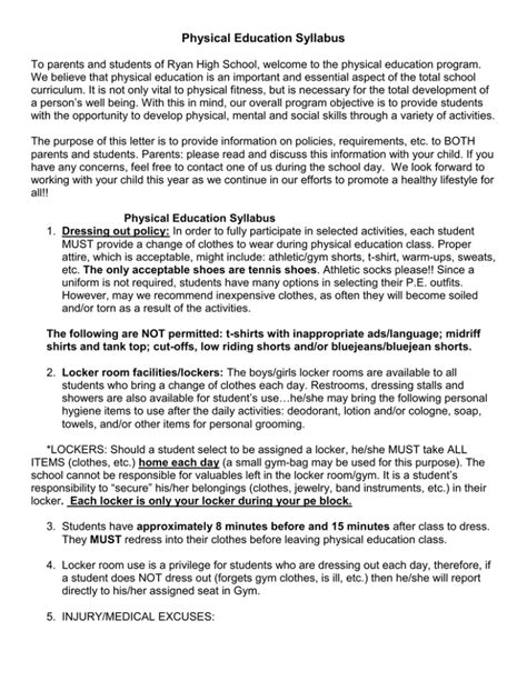 Ryan High School Physical Education Syllabus