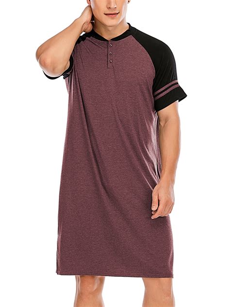 Mens Cotton Night Sleep Shirts Comfy Long Sleeve Mid Length Nightgown