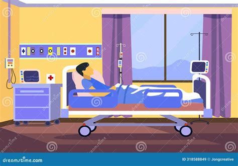 Sick Male Patient Sleeping On The Bed In Hospital Inpatient Room Stock