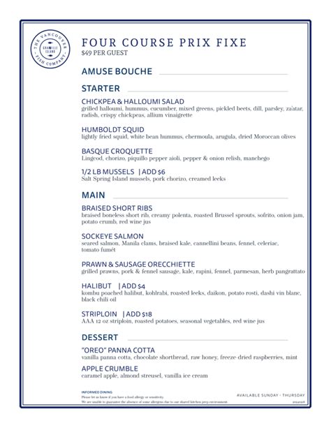 Prix Fixe Menu The Vancouver Fish Company Restaurant Bar