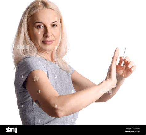Mature Woman With Applied Nicotine Patch Rejecting Cigarette On White Background Smoking