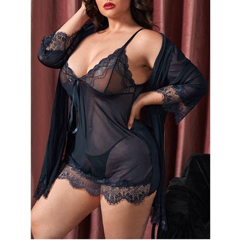 Plus Size Xl Xl Women Pajamas Sexy Lingerie Set V Neck Night Dress See Through Nightwear