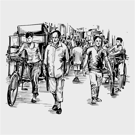 Premium Vector | Drawing of the people are walking on street in India