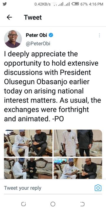 Peter Obi Meets Former President Obasanjo Politics Nigeria