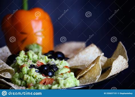 Black Olive Spiders And Sick Bell Pepper Jack O Lantern With Guacamole