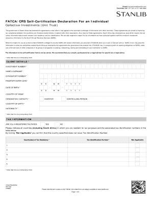 Fillable Online FATCA CRS Self Certification Declaration For An