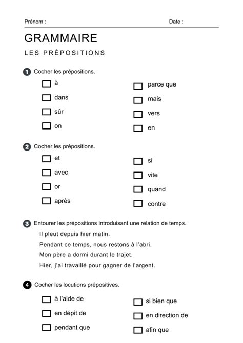 Exercices sur les prépositions en français 2 fiches de 8 exercices