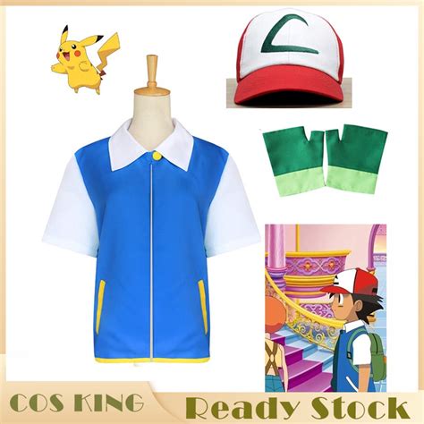 Hot Anime Pokemon Cosplay Ash Ketchum Cosplay Costume Blue Jacket Hat Gloves Poke Ball Full Set