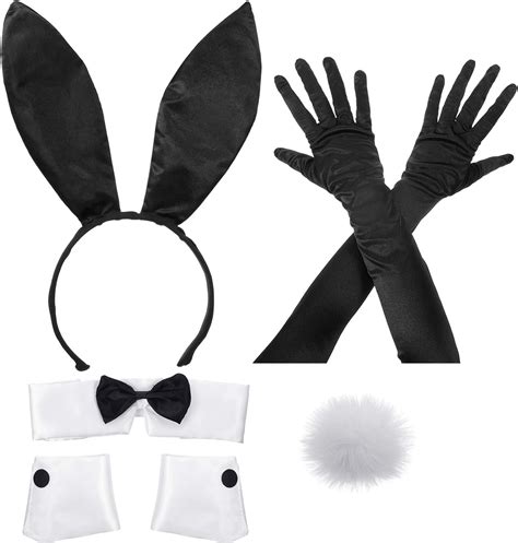 Bunny Costume Set Including Bunny Ear Headband Collar Bow Tie Cuffs Long Black Gloves And