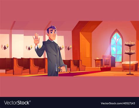 Catholic priest with bible in church interior Vector Image