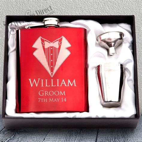 7oz Red Hip Flask T Set Engraved Stainless Wedding Groomsman Best