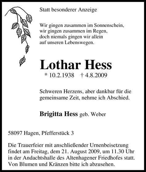 Traueranzeigen Von Lothar Hess Trauer In Nrw De