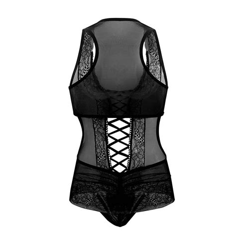 Candyman Front Tie Mesh Lace String Bodysuit Black Inderwear