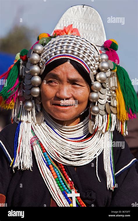 Myanmar Burma Kengtung An Akha Woman Wearing A Traditional Headdress