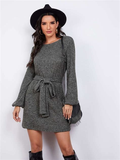 Shein Bishop Sleeve Self Belted Sweater Dress