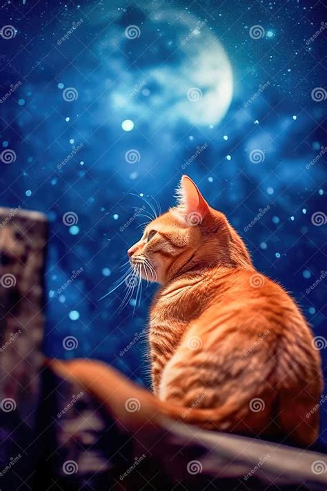 Thoughtful Red Striped Cat Sits On The Top And Looks At The Moon