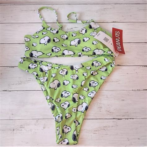 Peanuts Snoopy Green Ribbed Bikini Removable Pads Depop