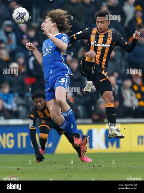 Leicester City S Wout Faes Challenges Hull City S Fabio Carvalho For