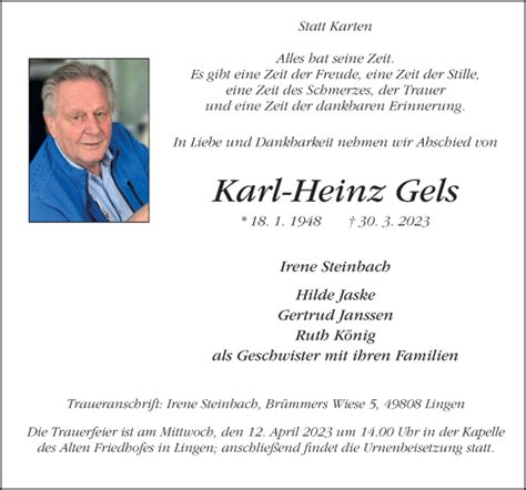 Traueranzeigen Von Karl Heinz Gels Noz Trauerportal