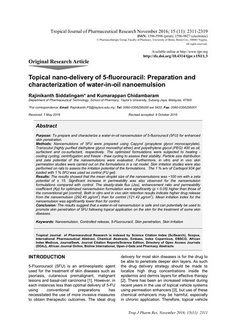 Pdf Topical Nano Delivery Of Fluorouracil Preparation And