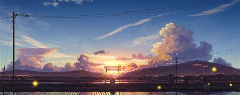 Farms, landscape, village, sunset, anime , , Dual Wide, Wide 21:9 ...