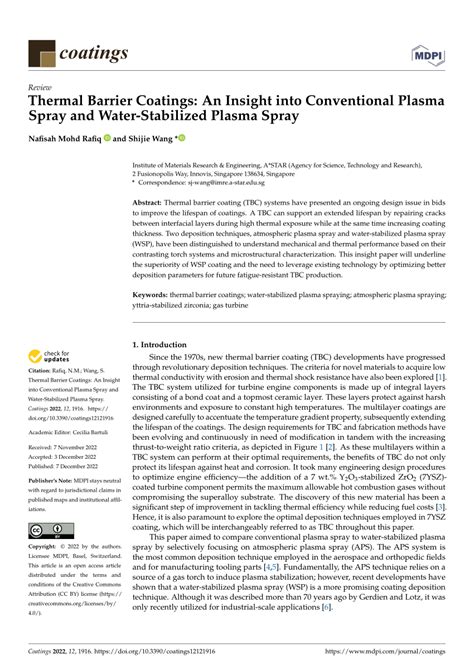 PDF Thermal Barrier Coatings An Insight Into Conventional Plasma