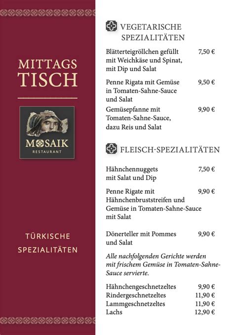 Mittagskarte Mosaik Restaurant