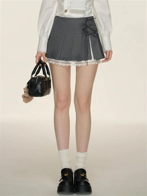 Houzhou Preppy Style Pleated Skirt Women Korean Fashion Bow Bandage