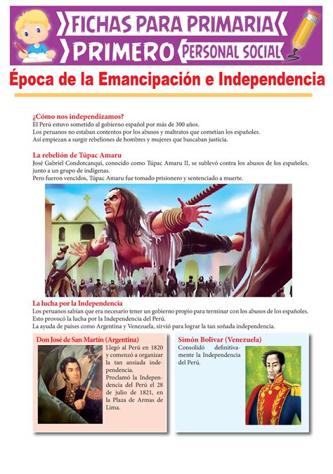 Época de la Emancipación e Independencia pra Primer Grado de Pimaria