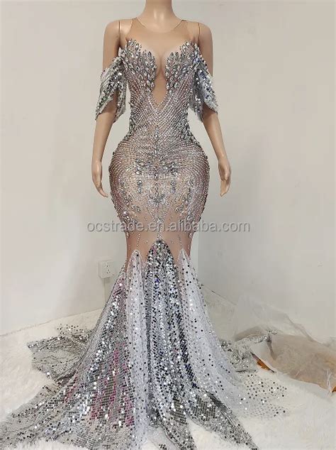 Ocstrade Luxury Silver Rhinestone White Sequin Ball Gown Evening Party