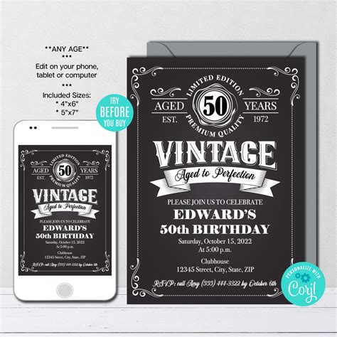 Editable Aged To Perfection Birthday Invitation Any Age Whiskey Label