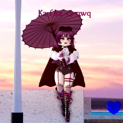 A Woman With Purple Hair Holding An Umbrella In Front Of A Pink And