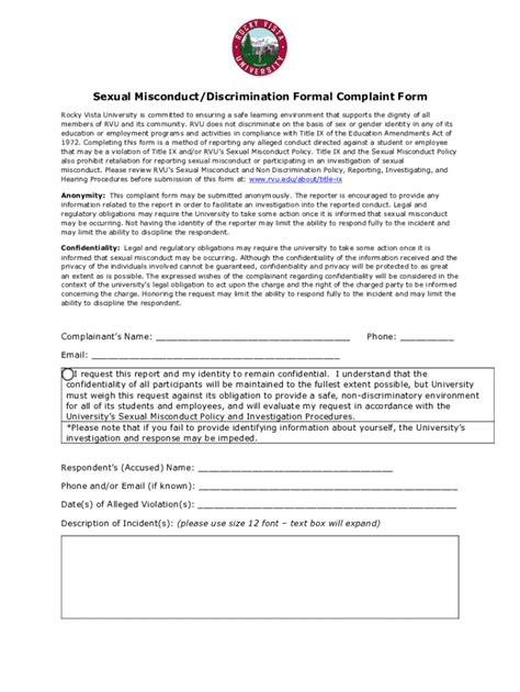 Fillable Online Sexual Misconductdiscrimination Formal Complaint Form